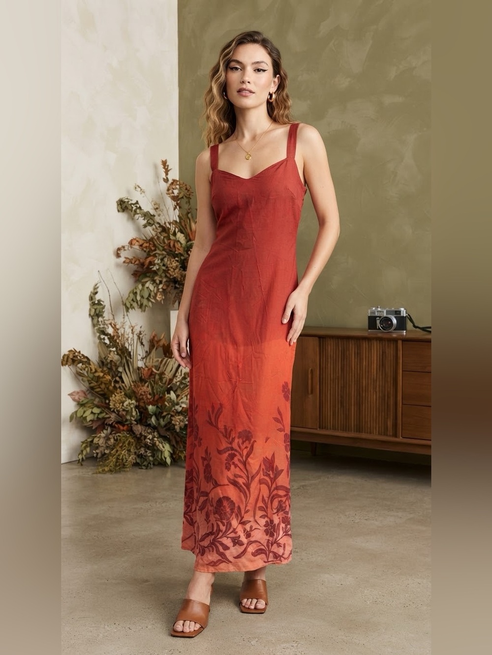 🌸VINTAGE Impressions of California Red Rayon Floral Maxi Dress XL